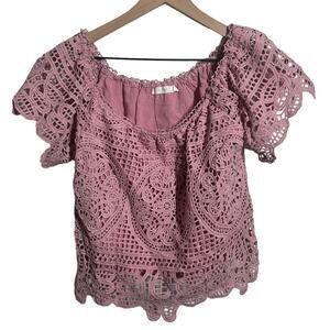 Lush Women's Pink Lace Crochet Blouse Size Small Valentine's Day Spring Easter